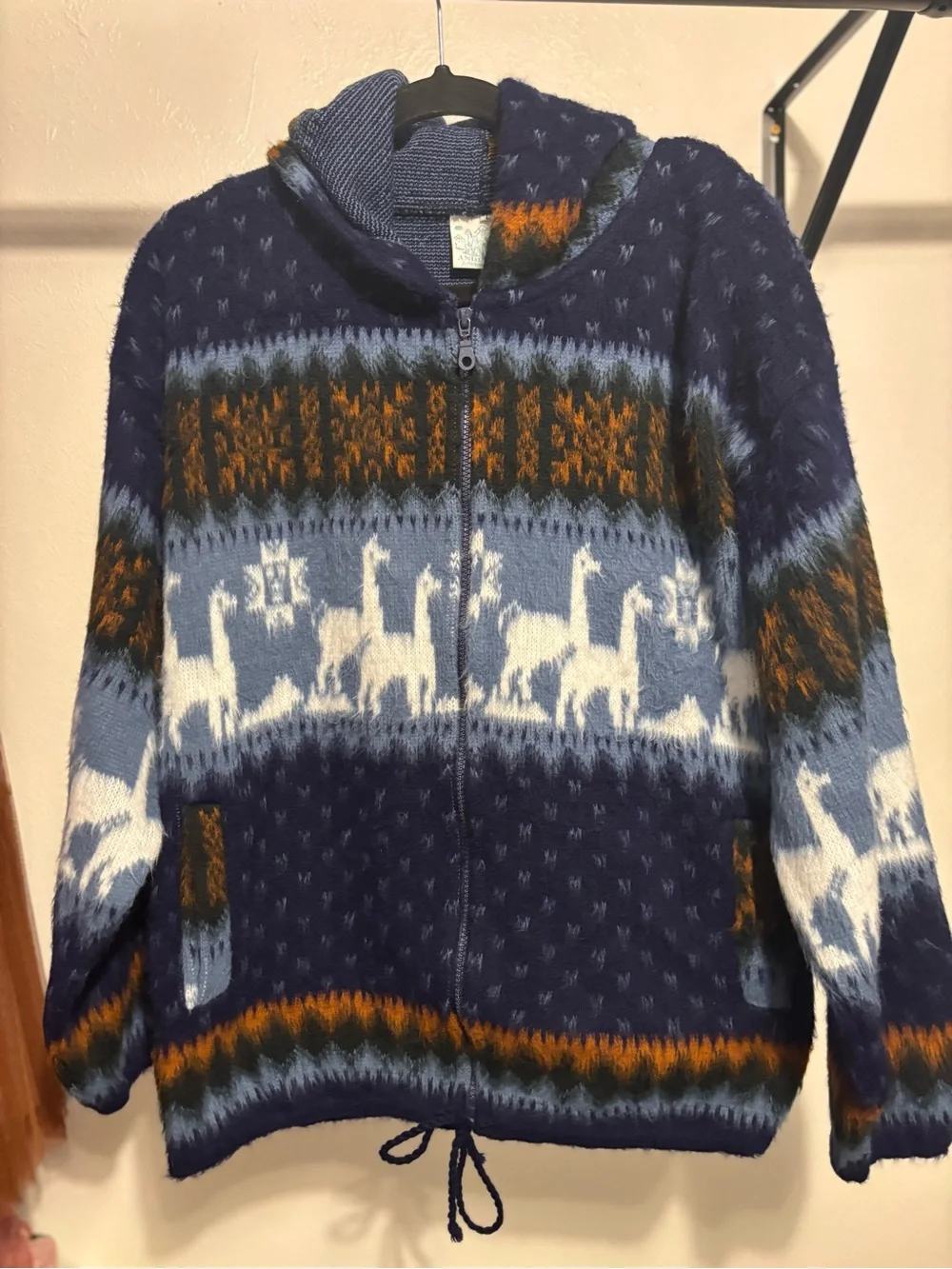 Vintage Hand-Knit Ecuadorian Alpaca Wool Llama Hoodie Sz:Large